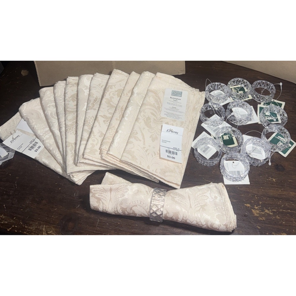 VINTAGE JC PENNY New Buckingham NAPKINS Ivory. SET OF 12 W‎ Holder Rings